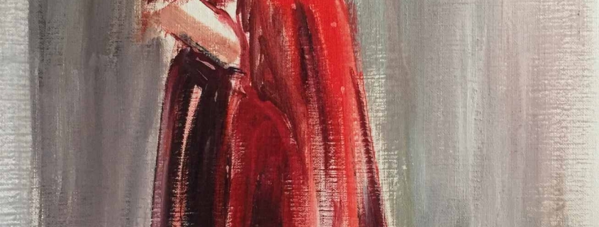 olieverfschets jonge vrouw in rode jurk